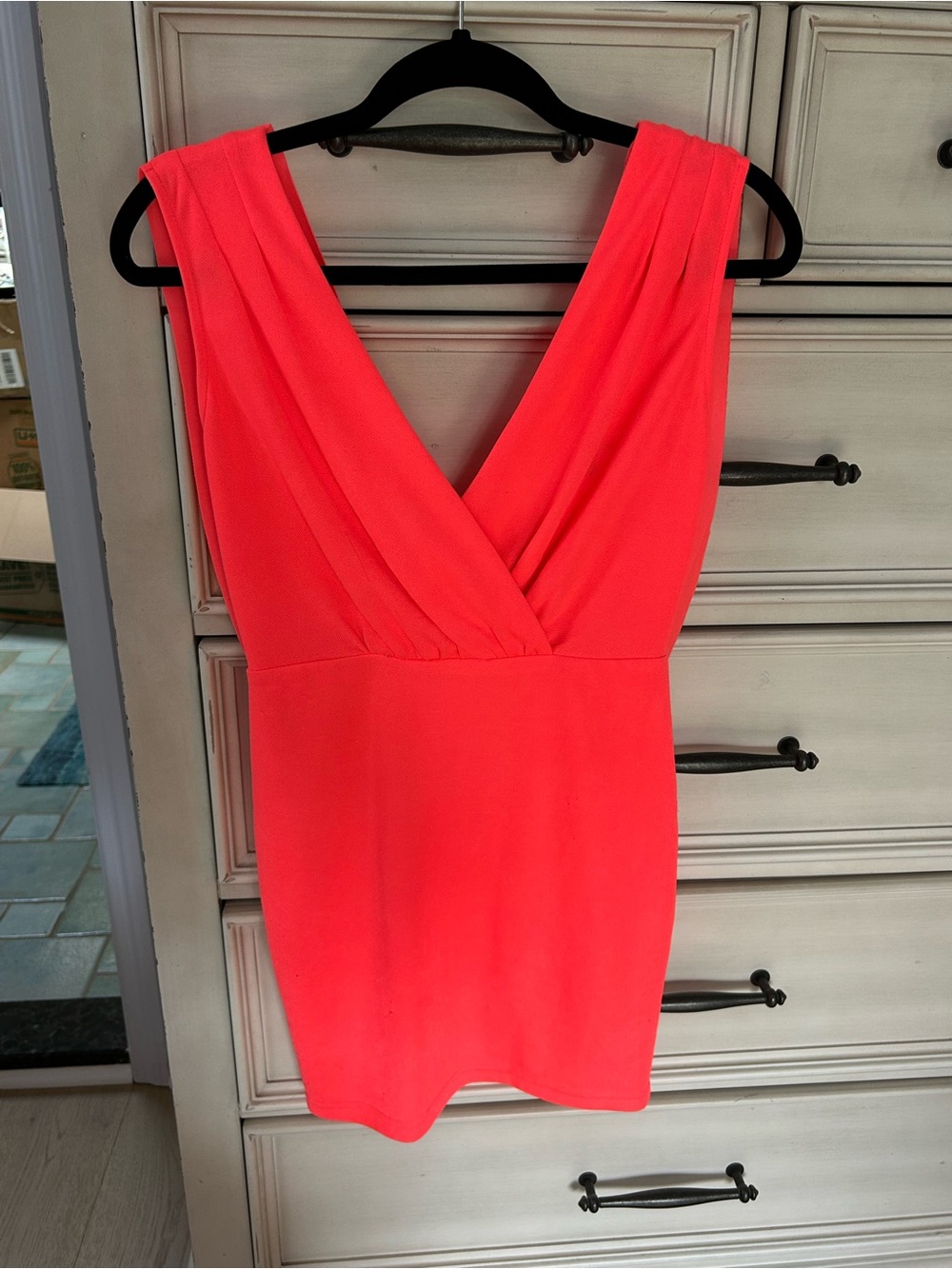 Depri brand v neck neon coral mini dress with draped back